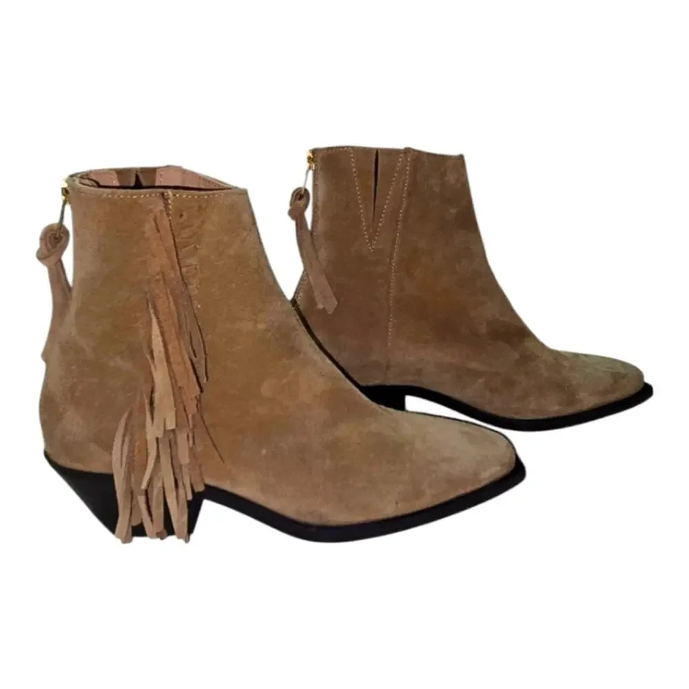 ALLSAINTS Layla Suede Fringe Bootie Cognac Sand BLOCK WESTERN‎ Boots 38 US 8